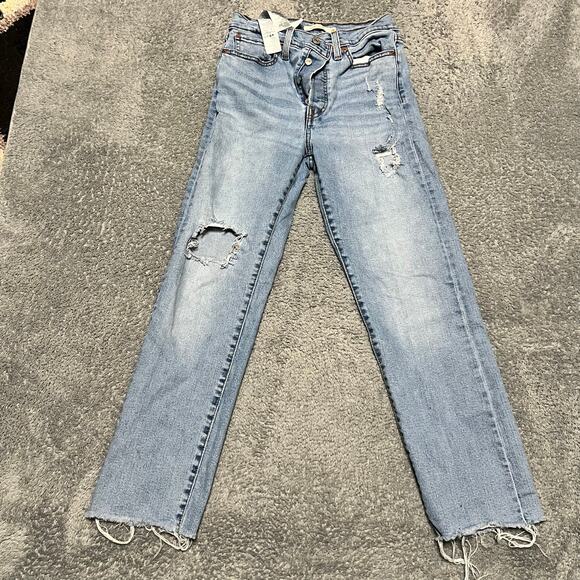 Levi’s Jeans Womens 28 Wedgie Straight Distressed Button Fly Blue - Picture 1 of 12